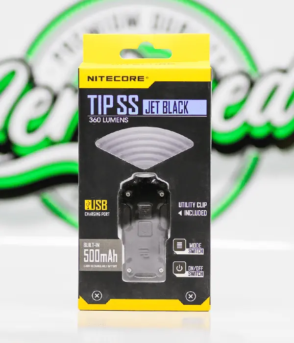 Nitecore TIP SS Jet Black keyring torch in its retail blister pack marked 360 lumens and a 500mAh built-in battery