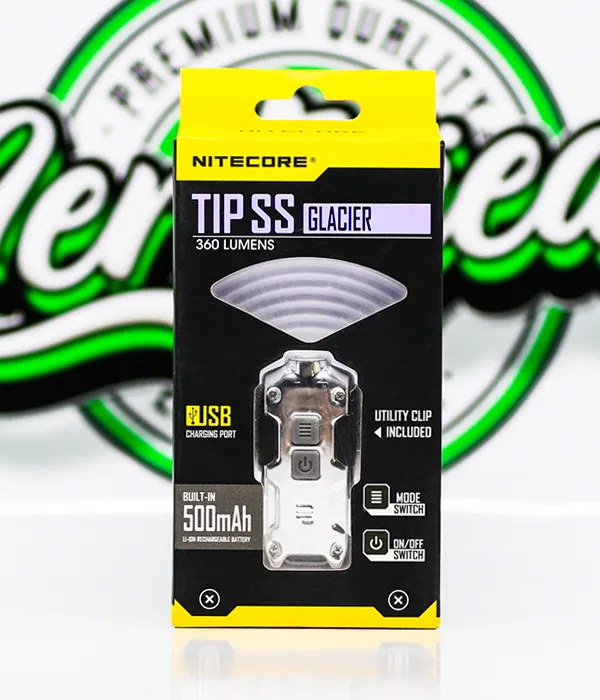 Nitecore TIP SS Glacier keyring torch with a brushed stainless steel body in its retail blister pack