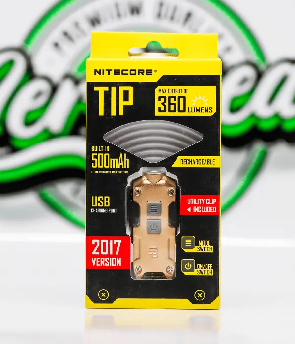 Gold Nitecore TIP LED keyring torch on its 2017 Version retail card with 360 lumens and a 500mAh battery