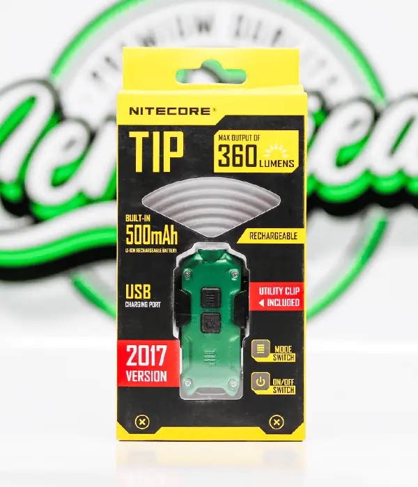 Green Nitecore TIP LED keyring torch on its retail card marked 2017 Version with 360 lumen output