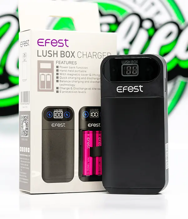 Efest LUSH BOX 2-bay charger and power bank standing beside its white retail box