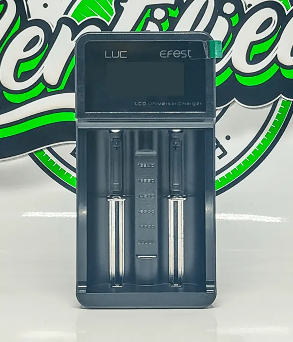 Front view of black Efest LUC V2 LCD universal charger with two spring-loaded battery bays