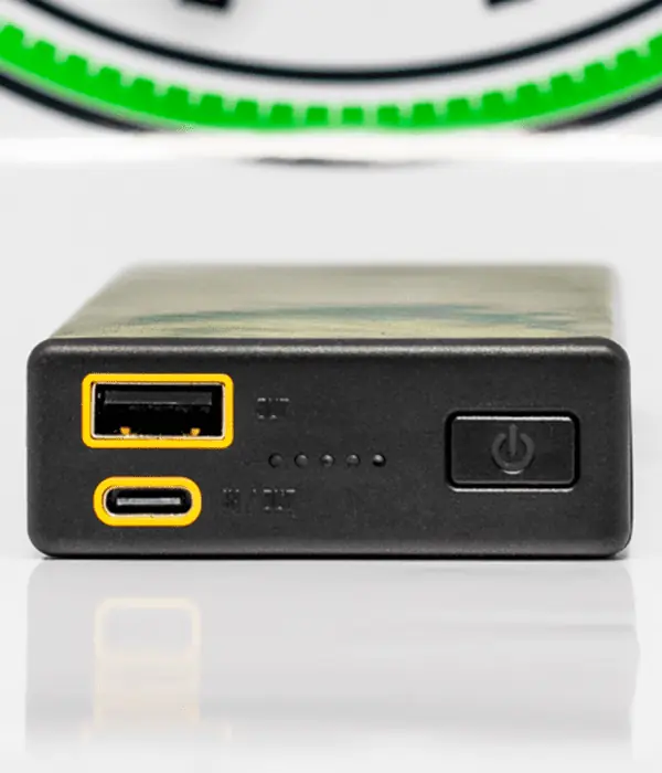 Close-up of Nitecore CARBO 20000 USB-A output, USB-C input/output, LED indicators and power button