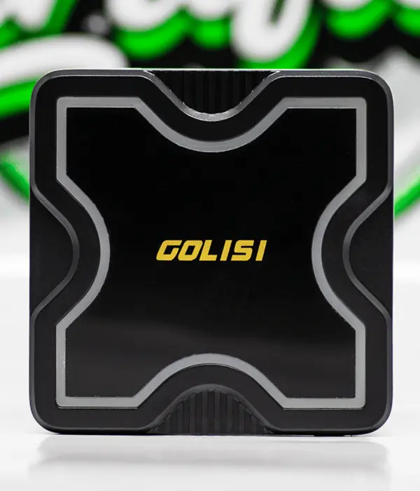 Top view of black Golisi GL-4 Mothra charger with yellow Golisi logo and X-shaped design
