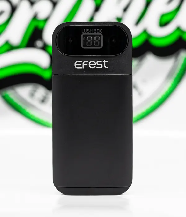 Front view of black Efest LUSH BOX with LUSH BOX display showing 88 percent and Efest logo