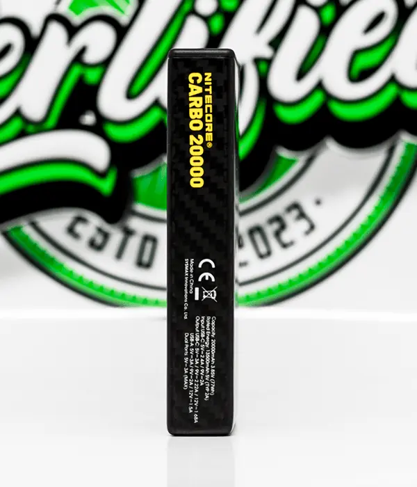 Side label of Nitecore CARBO 20000 showing 20000mAh capacity and USB-C input output specs