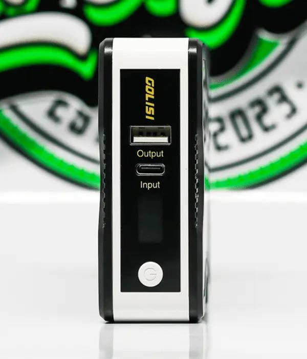 Side view of Golisi GL-4 Mothra showing USB-A output, USB-C input, LCD screen and power button