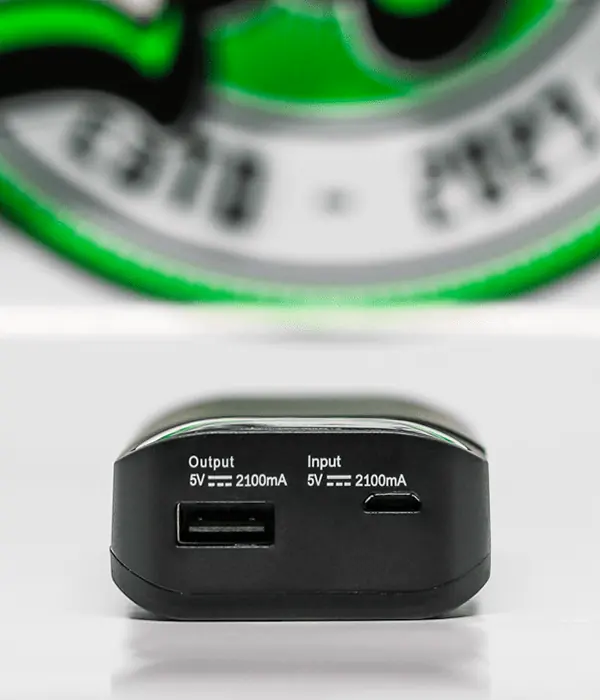 End view of Efest LUSH BOX showing USB-A 5V 2100mA output and micro-USB 5V 2100mA input