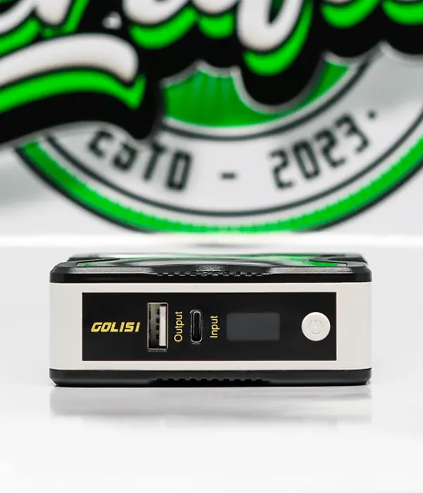 Front view of white Golisi GL-4 Mothra with USB ports, LCD screen and power button