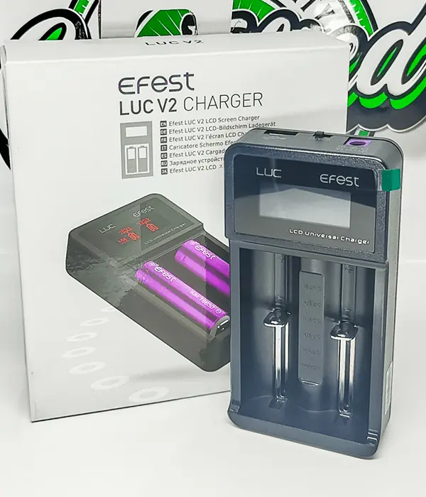 Efest LUC V2 2-bay LCD universal charger standing in front of its white retail box
