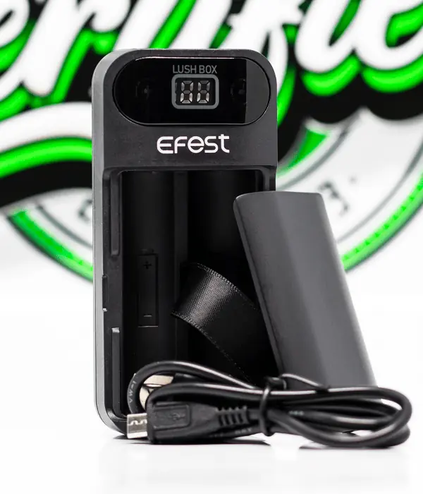 Efest LUSH BOX open battery bay with included USB-A to micro-USB cable