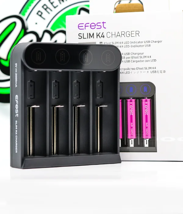 Efest SLIM K4 four-bay charger in front of its white retail box showing a feature list and purple 18650 batteries