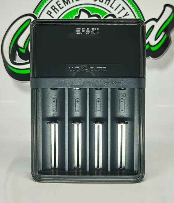 Front view of the black Efest LUC V4 Elite with an unlit HD LCD screen above four empty spring-loaded battery bays
