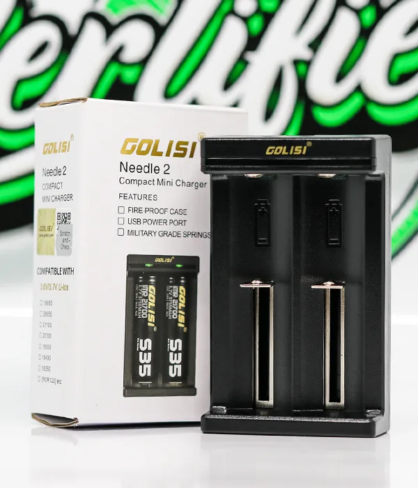 Golisi Needle 2 two-bay charger standing beside its white retail box printed with the Needle 2 feature list