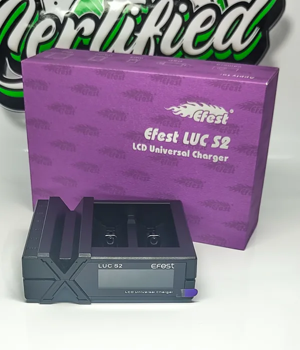Efest LUC S2 two-bay charger in front of a purple retail box printed Efest LUC S2 LCD Universal Charger