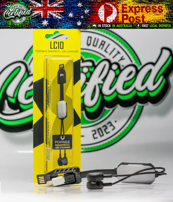 Nitecore LC10 magnetic USB charger lying in front of its yellow LC10 Portable Magnetic USB Charger blister pack