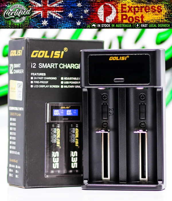 Black Golisi i2 two-bay smart charger standing beside its retail box printed with the i2 feature list