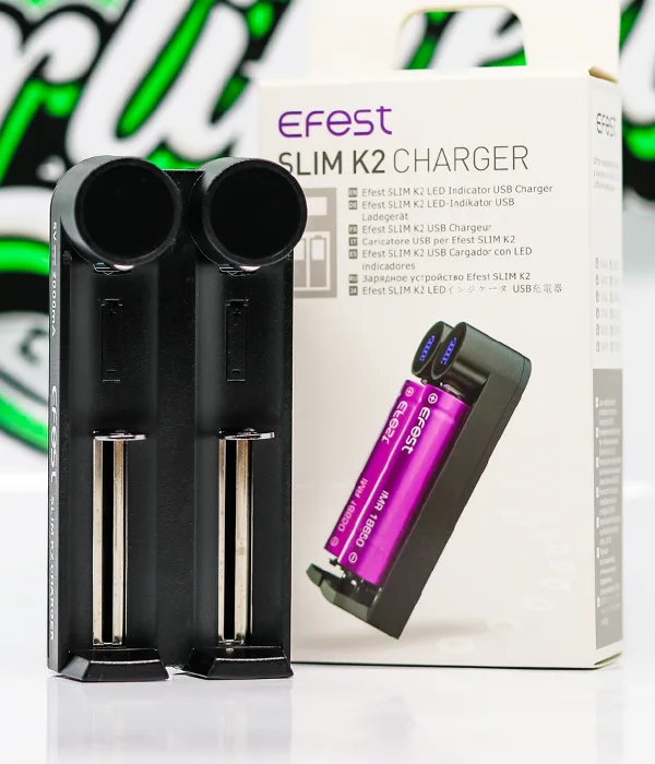 Efest SLIM K2 two-bay charger standing beside its white SLIM K2 retail box showing a purple Efest battery