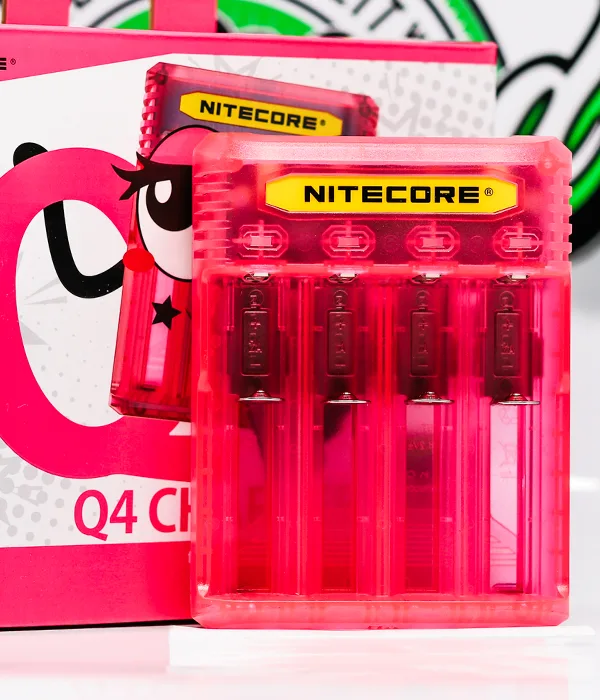 Hot pink translucent Nitecore Q4 four-bay charger standing in front of its pink Q4 retail box