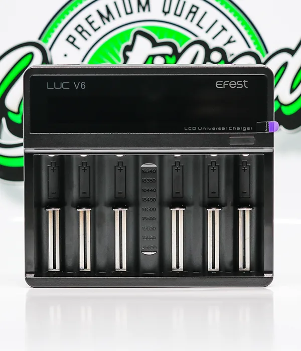 Front view of the Efest LUC V6 showing six empty battery bays below an LCD panel marked LUC V6 LCD Universal Charger