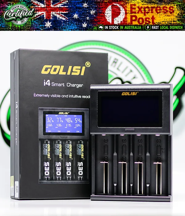 Golisi i4 four-bay charger beside its retail box, which shows the large LCD screen reading battery information