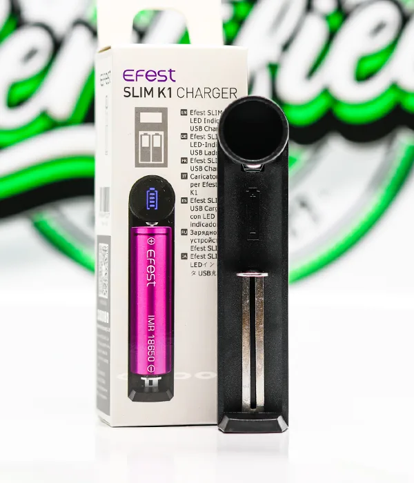 Black Efest SLIM K1 single-bay charger standing beside its white SLIM K1 retail box listing the product features
