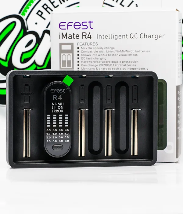 Efest iMate R4 four-bay charger in front of its white retail box printed iMate R4 Intelligent QC Charger