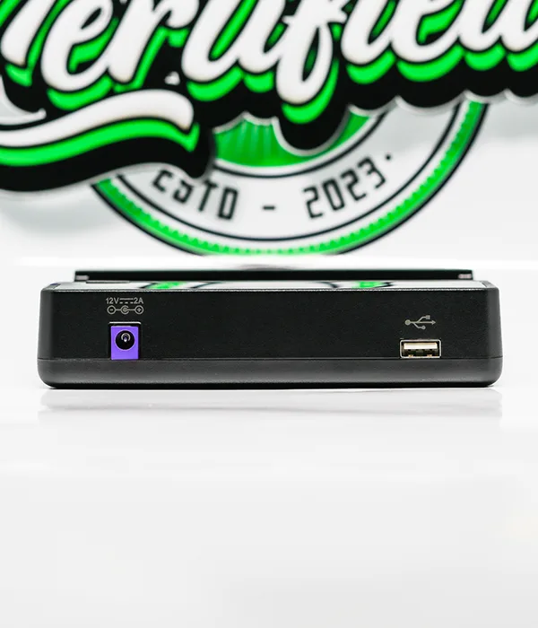 Rear view of the Efest LUC V6 showing the purple DC power input socket and the USB-A output port on its back panel
