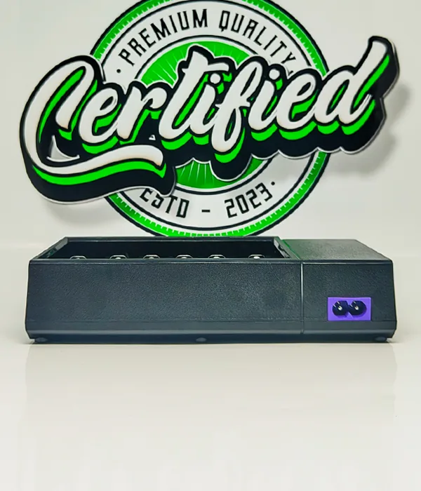 Rear view of the Efest LUC Blu6 charger showing the purple two-pin mains power inlet set into the back panel