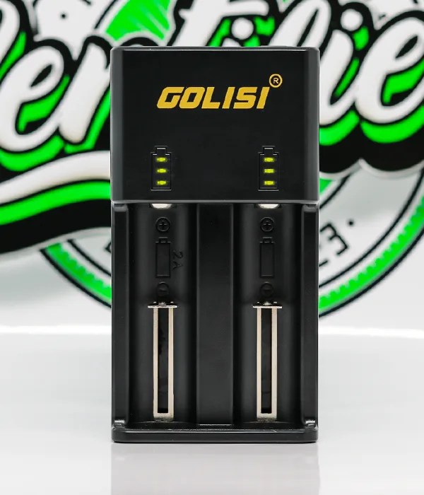 Front view of the Golisi O2 showing two empty bays, sprung silver contacts and green status LEDs above each slot