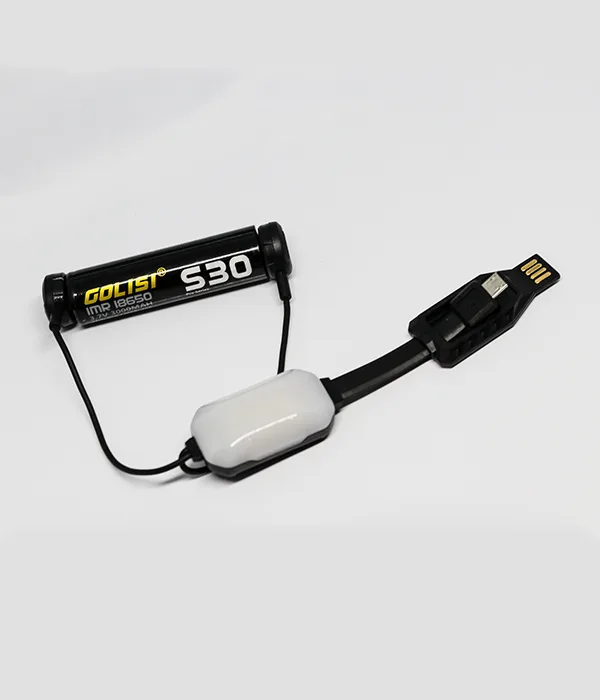 Nitecore LC10 laid flat with its magnetic leads clipped to a Golisi S30 18650 cell and the white light module between them