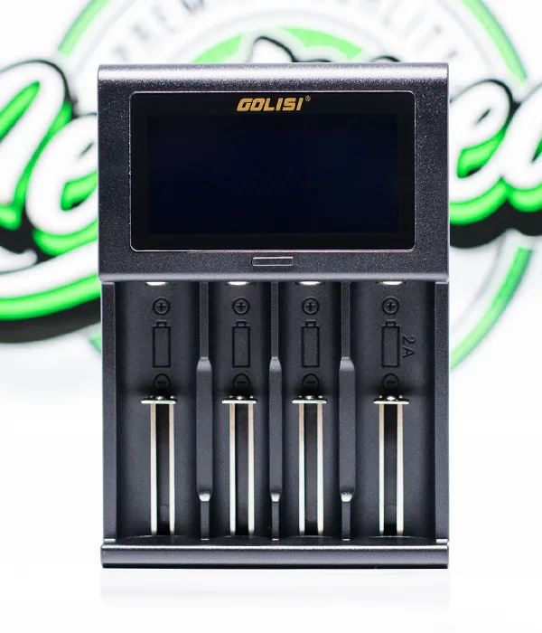 Front view of the black Golisi i4 showing four empty charging bays, sprung contacts and a large blank LCD panel