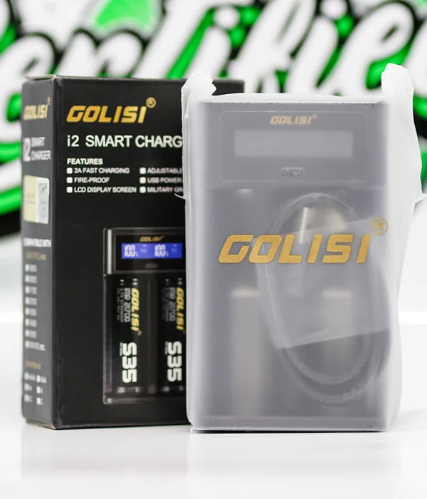 Golisi i2 charger inside a frosted protective sleeve with its USB cable, sitting in front of the printed retail box