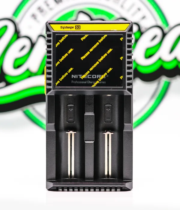 Front view of the black Nitecore D2 charger showing two empty battery slots and an LCD still covered by its yellow protective film