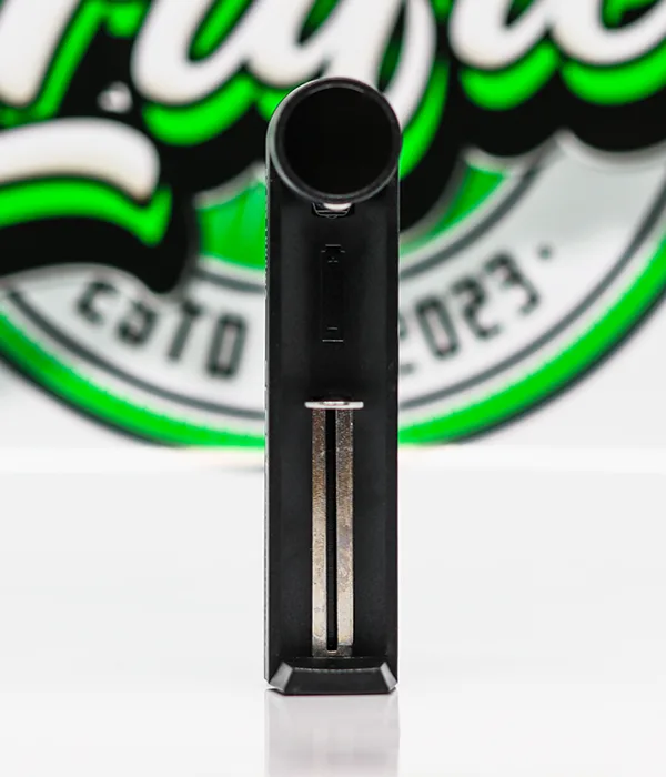 Front view of the black Efest SLIM K1 charger showing its single empty battery bay, sliding contact and LED indicator window
