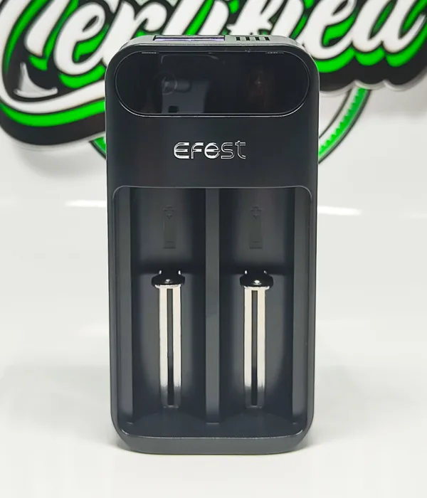 Front view of the black Efest LUSH Q2 charger showing two empty battery bays with sliding spring contacts