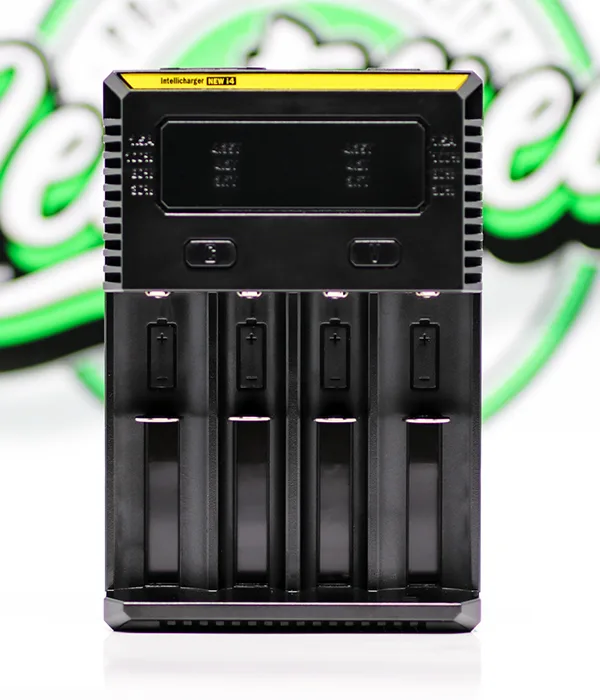 Top view of the black Nitecore NEW i4 charger with four empty battery slots, a covered indicator panel and two selector buttons