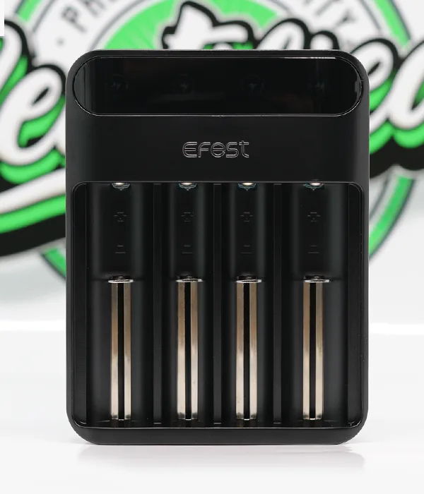 Front view of the Efest LUSH Q4 with four empty charging bays and sprung metal contacts in a black housing