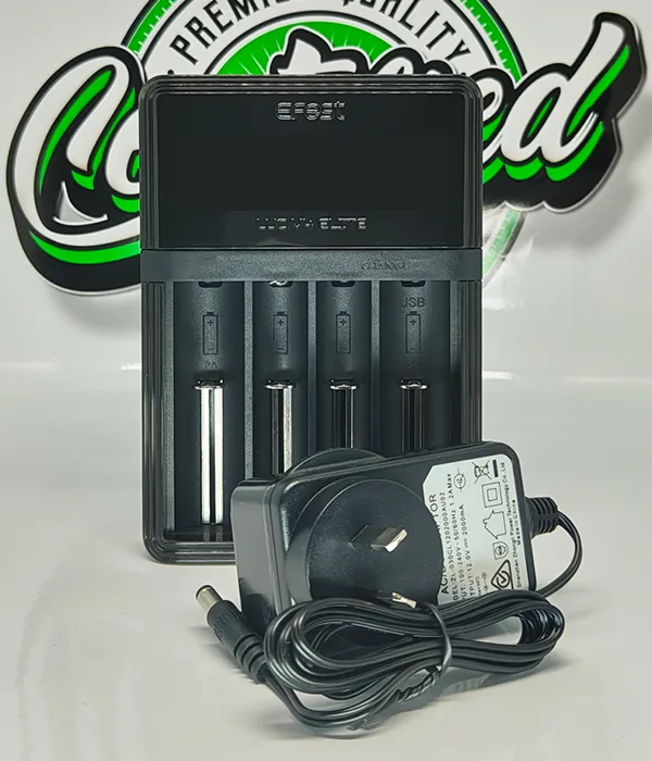 Efest LUC V4 Elite charger beside a black mains adapter with Australian pins and a coiled DC barrel lead