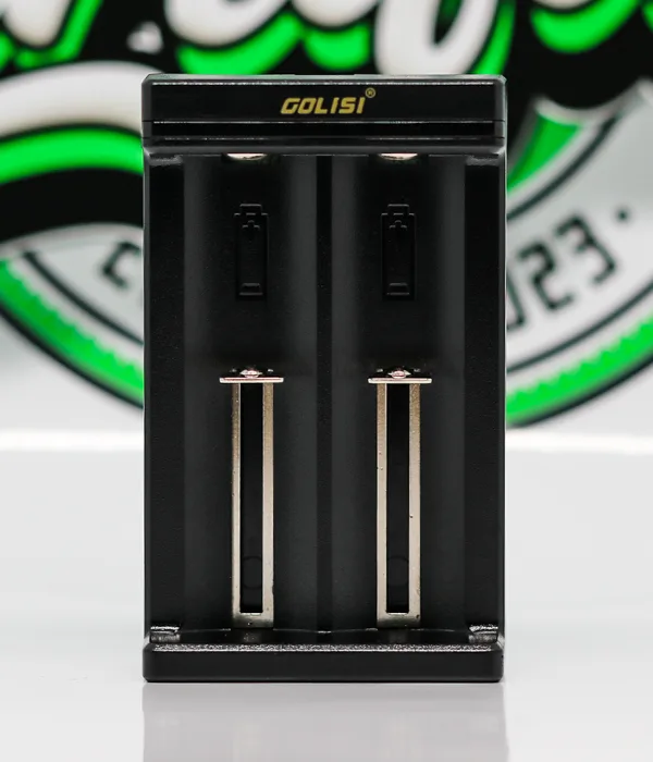 Front view of the black Golisi Needle 2 showing two empty charging bays with sliding silver spring contacts