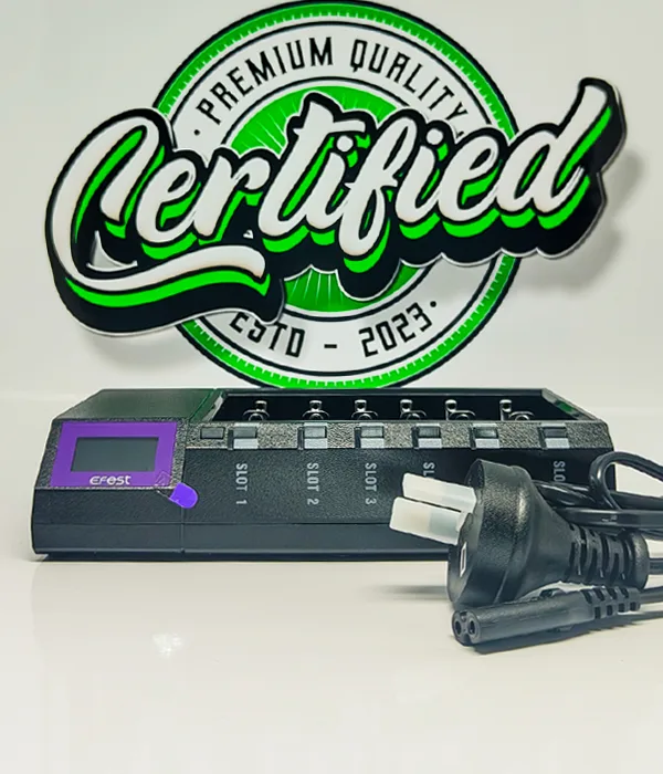 Efest LUC Blu6 charger beside a black mains power lead fitted with an Australian three-pin plug