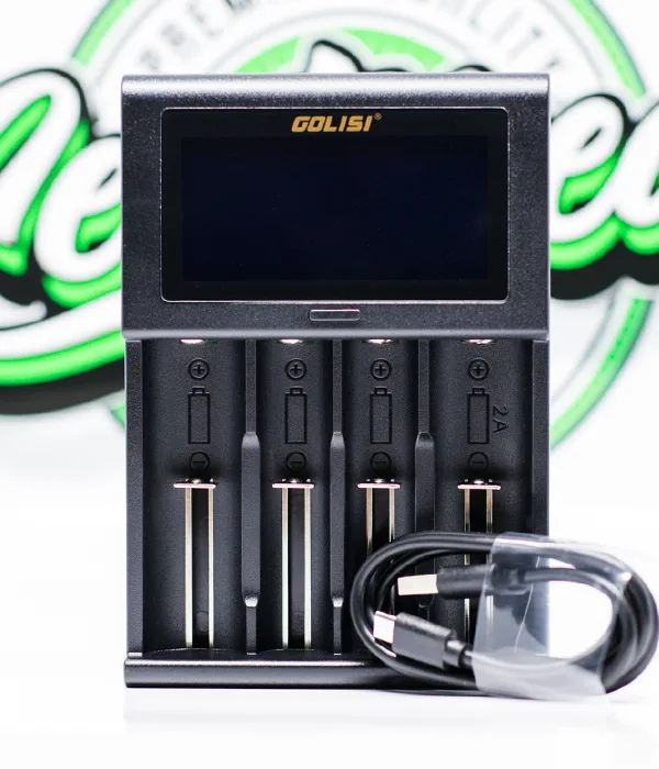 Golisi i4 four-bay charger photographed with a coiled black USB charging lead resting beside the bays