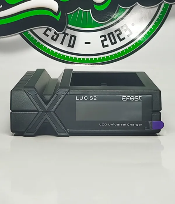 Front view of the Efest LUC S2 showing the LCD screen marked LUC S2 and LCD Universal Charger with a purple side button