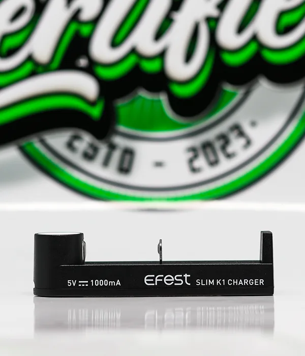 Side of the black Efest SLIM K1 charger lying flat with its printed 5V 1000mA rating and SLIM K1 CHARGER branding