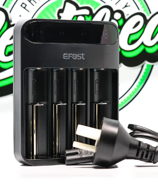 Efest LUSH Q4 charger with four empty bays and an Australian two-pin mains power lead in the foreground