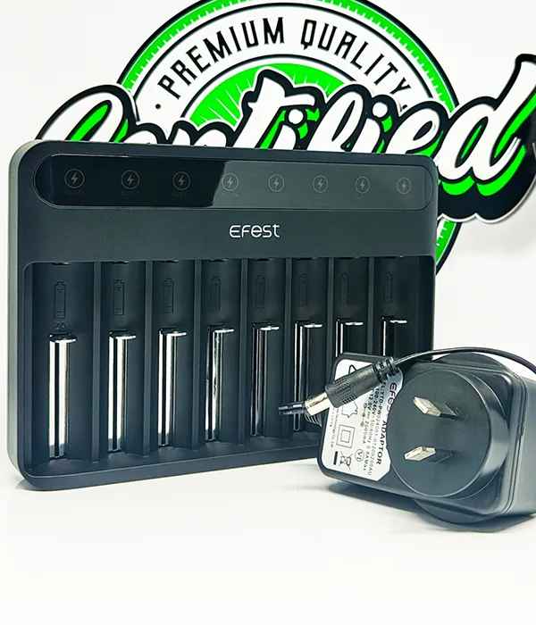 Efest LUSH Q8 eight-bay charger photographed with its coiled Australian two-pin mains power lead