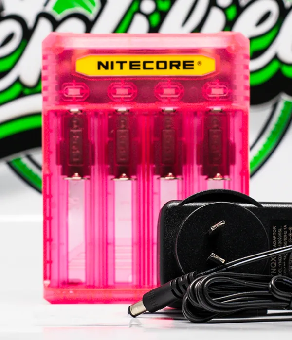 Hot pink Nitecore Q4 four-bay charger pictured with its black mains power adapter and coiled lead
