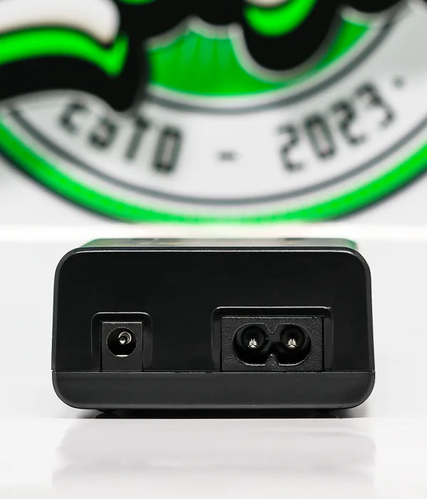 Rear panel of the Golisi O2 with a round DC power socket beside a two-pin figure-8 mains inlet