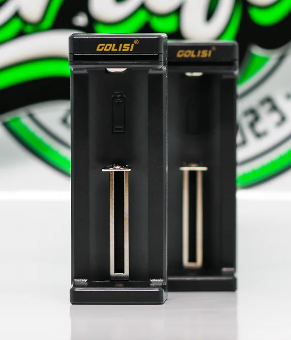 Two black Golisi Needle 1 single-bay chargers standing side by side, both with empty battery slots