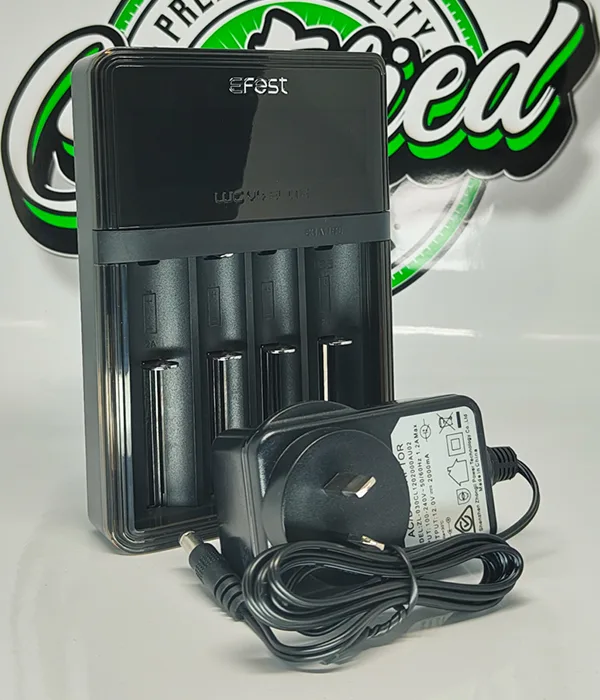 Angled view of the Efest LUC V4 Elite showing its LCD panel, four open battery bays and the black mains adapter in front